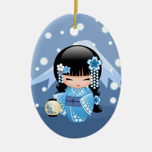 Winter Kokeshi Doll - Blue Mountain Geisha Girl Keramik Ornament