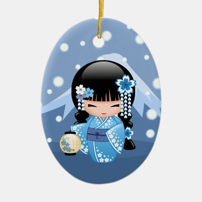Winter Kokeshi Doll - Blue Mountain Geisha Girl Keramik Ornament (Vorne)