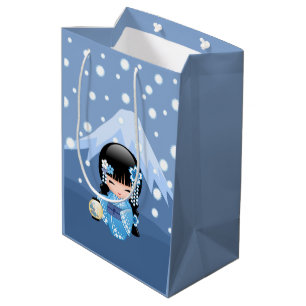 Winter Kokeshi Doll - Blue Mountain Geisha Girl Mittlere Geschenktüte