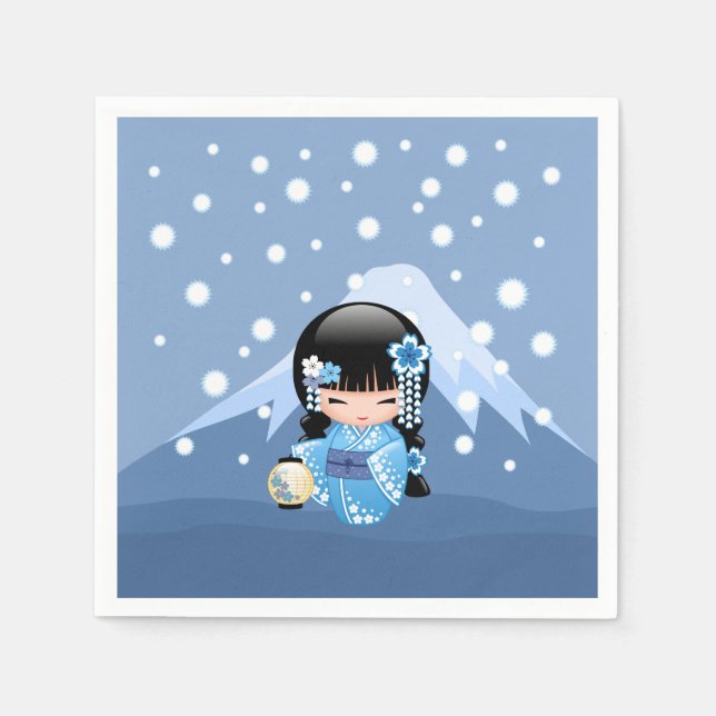 Winter Kokeshi Doll - Blue Mountain Geisha Girl Serviette (Vorderseite)