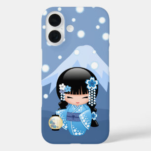 Winter-Kokeshi-Puppe Blaue Berg-Geisha-Dame iPhone 16 Hülle