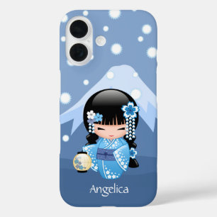 Winter-Kokeshi-Puppe - Blaue Berg-Geisha-Dame iPhone 16 Hülle
