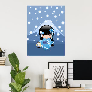Winter-Kokeshi-Puppe - Blaue Berg-Geisha-Dame Poster