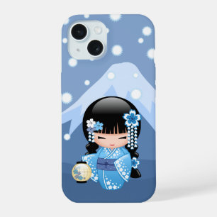 Winter-Kokeshi-Puppe - Blaue Berg-Geisha-Girl iPhone 15 Hülle