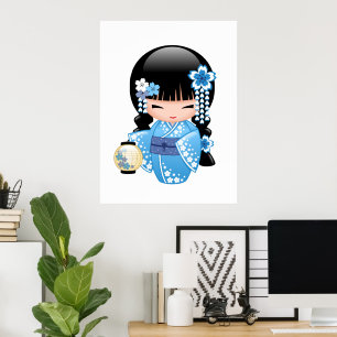 Winter-Kokeshi-Puppe - Blaue Berg-Geisha Poster