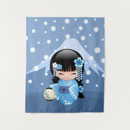 Winter Kokeshi Puppe - blaues Wandteppich