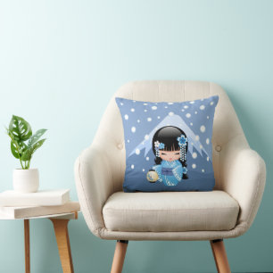 Winter-Kokeshi-Puppe - Geisha-Mädchen vom blauen B Kissen