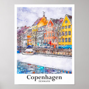 Winter Kopenhagen Dänemark Aquarell Handgezeichnet Poster