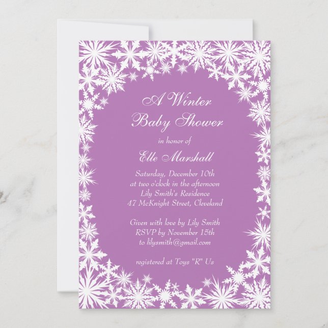 Winter Lace Baby Dusche Einladung in Lilac (Vorderseite)