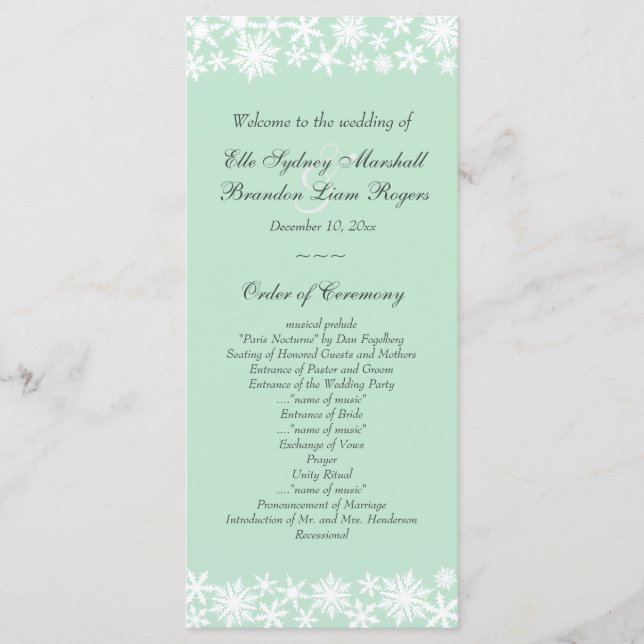 Winter Lace on Mint Wedding Programm (Vorderseite)