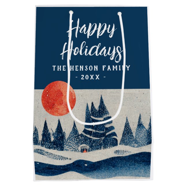 Winter Landscape Forest Moon Navy Blue Drawing  Mittlere Geschenktüte (Rückseite)