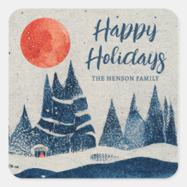Winter Landscape Forest Moon Navy Blue Drawing  Quadratischer Aufkleber