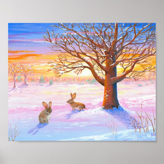 Winter Landscape Rabbits Oak Tree Wildlife Poster (Vorne)