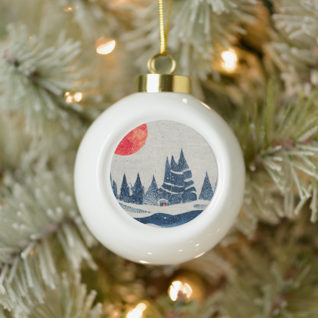 Winter Landschaft Forest Moon Navy Blau Zeichnend Keramik Kugel-Ornament (Baum)