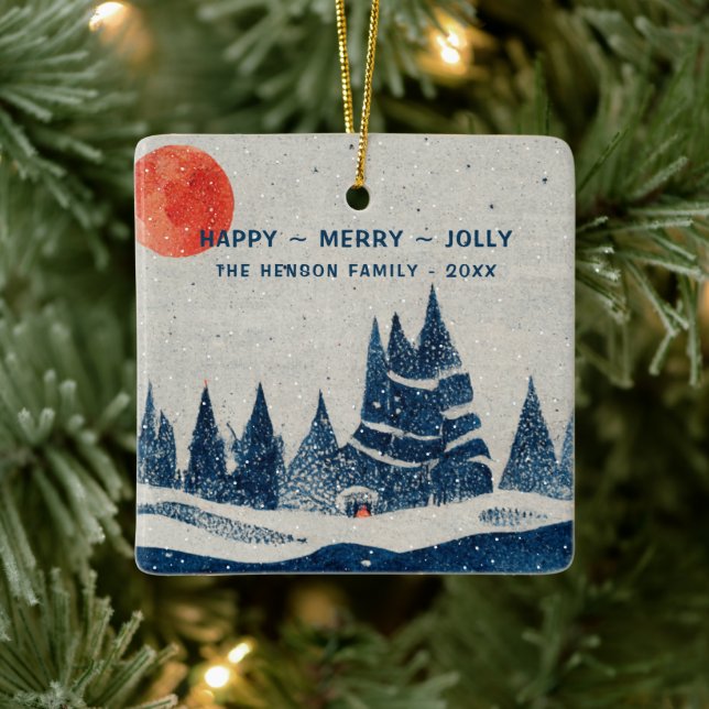 Winter Landschaft Forest Moon Navy Blau Zeichnend Keramikornament (Baum)