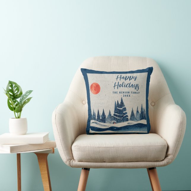 Winter Landschaft Forest Moon Navy Blau Zeichnend Kissen (Stuhl )