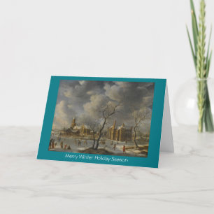 Winter-Landschaft mit Skatern auf gefrorener Feiertagskarte