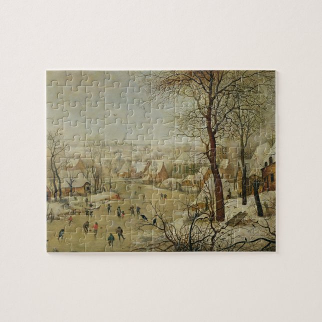 Winter-Landschaft mit Vogel-Falle (Öl auf Platte) (Horizontal)