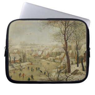 Winter-Landschaft mit Vogel-Falle (Öl auf Platte) Laptopschutzhülle