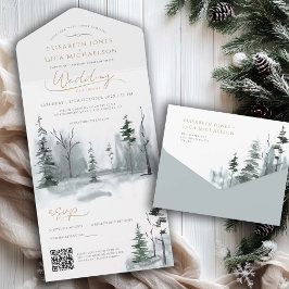 Winter-Landschaft Waldland Hochzeit QR-Code All In One Einladung