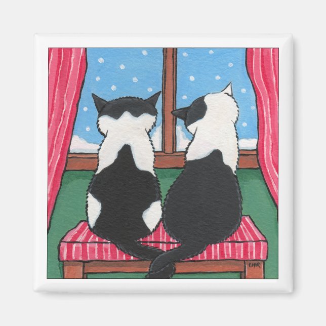 Winter Liebe Katzen, die Schwänze halten | Katzenk Magnet (Vorne)
