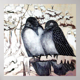 WINTER LIEBESVÖGEL IM SCHNEE Schwarz Weiß Poster