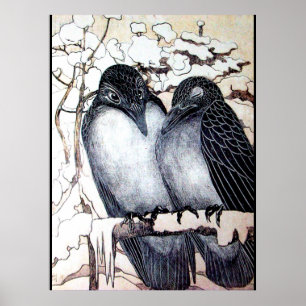 WINTER LIEBESVÖGEL IM SCHNEE Schwarz Weiß Poster