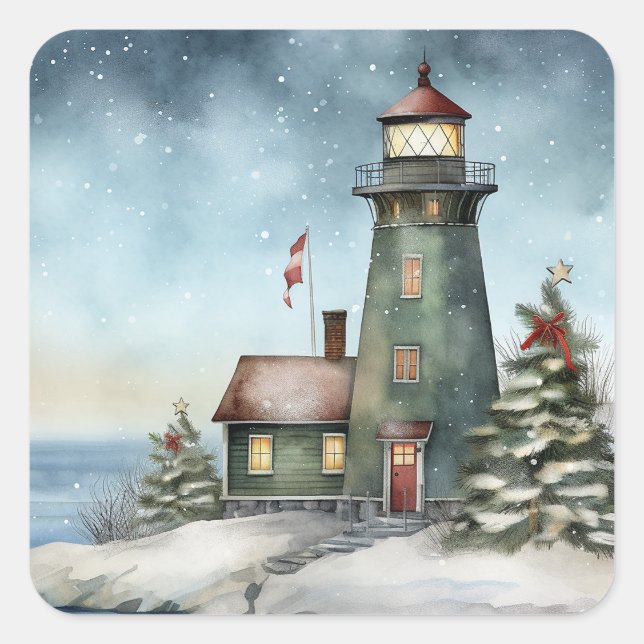 Winter Lighthouse Nautical Beach Weihnachtsurlaub Quadratischer Aufkleber (Vorderseite)