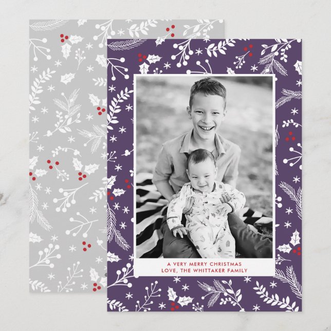 Winter Lila Berries Weihnachtsferien - Flat Card Einladung (Vorne/Hinten)