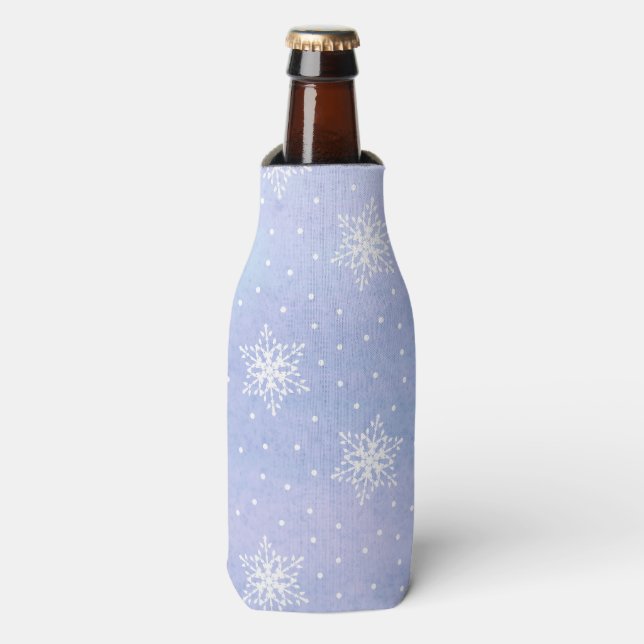 Winter Lila Blue Sky White Snowflakes Polka Dots Flaschenkühler (Flaschenvorderseite)