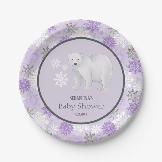 Winter Lila Eisbär Snowflake Babydusche Pappteller (Vorderseite)