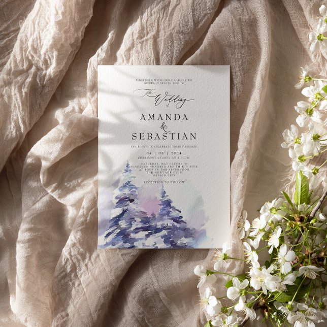 Winter Lila Pine Snow Wedding Party Einladung (Von Creator hochgeladen)
