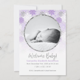Winter Lila & Silver Snowflake Baby Birth Announ Ankündigung