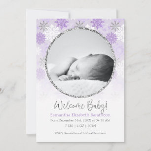 Winter Lila & Silver Snowflake Baby Birth Announ Ankündigung