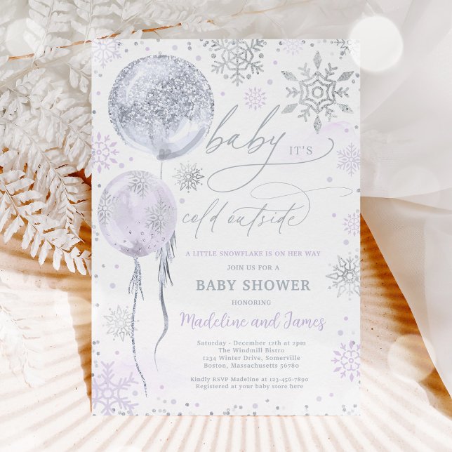 Winter Lila & Silver Snowflake Babydusche Einladung (Von Creator hochgeladen)