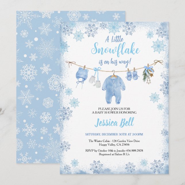 Winter Little Snowflake Baby Shower Boy Blue Einladung (Vorne/Hinten)