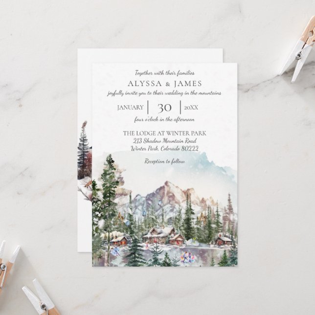 Winter Lodge in den Bergen Einladung Hochzeit (Vorderseite/Rückseite Beispiel)