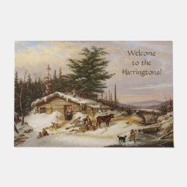 Winter Log House Art Custom Text Doormat Fußmatte