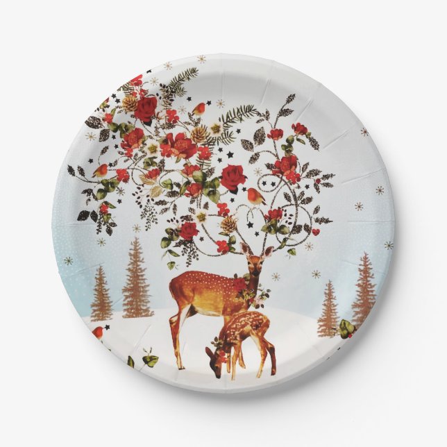 Winter Love Bird Weihnachtsbaum Wasserfarbe Pappteller (Vorderseite)