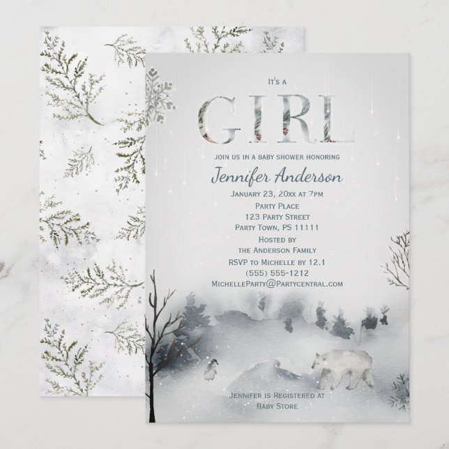 Winter-Mädchen-Babyparty Einladung (Vorne/Hinten)