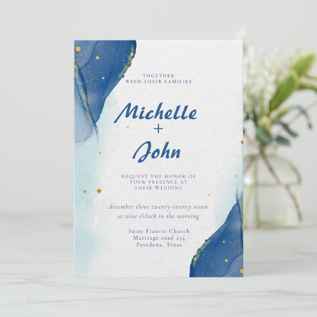Winter Marble Aquarell Gold Blue Wedding Einladung (Stehend Vorderseite)