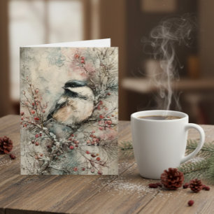 Winter-Meisen-Aquarell-Weihnachtskarte – Frieden Feiertagskarte