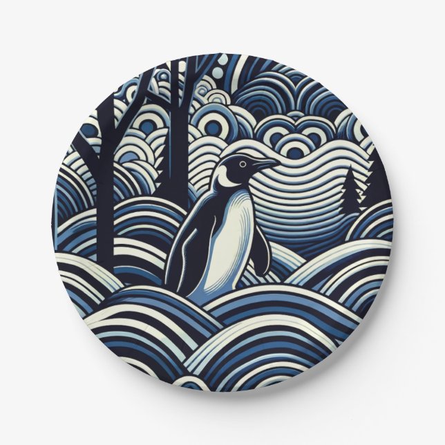 Winter Mitternacht Blue Abstrakt Shape Forest Pappteller (Vorderseite)