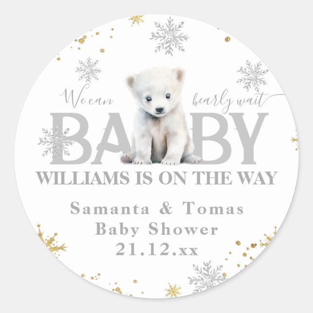 Winter Modern Bearly Wait Baby Dusche Willkommen Runder Aufkleber (Vorderseite)