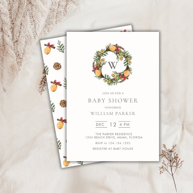 Winter Monogram Wreath Baby Shower Einladung (Winter Monogram Wreath Baby Shower Invitation)