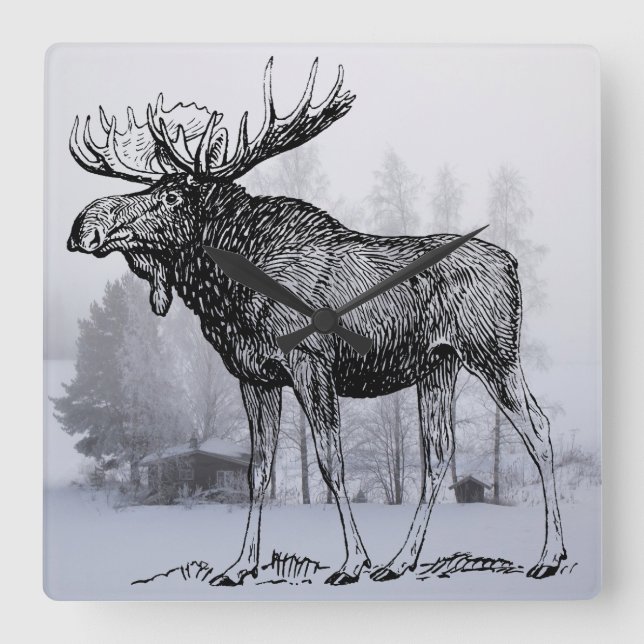 Winter Moose Quadratische Wanduhr (Vorderseite)