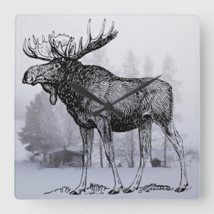 Winter Moose Quadratische Wanduhr