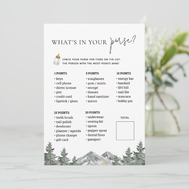 Winter Mountain Baby Shower Purse Game Cards Einladung (Stehend Vorderseite)