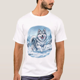 Winter Mountain Dog Chest Print T-Shirt