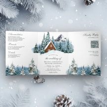 Winter Mountain Forest Cabin Lodge QR Code Hochzei